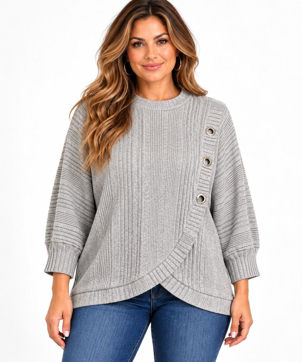 Adrienne Vittadini Women’s M Gray Ribbed Knit Grommet Wrap Hem Sweater Top